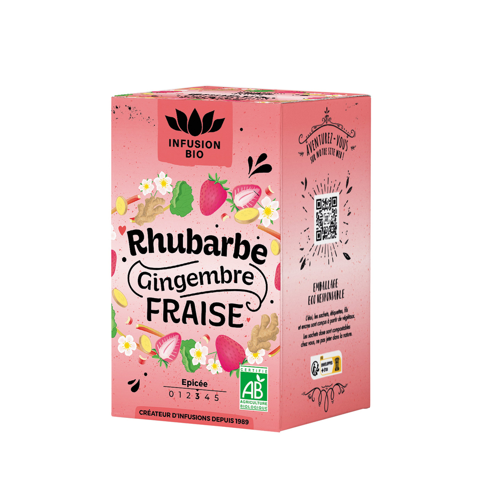 Infusion bio, rhubarbe, gingembre et fraise - 16 sachets