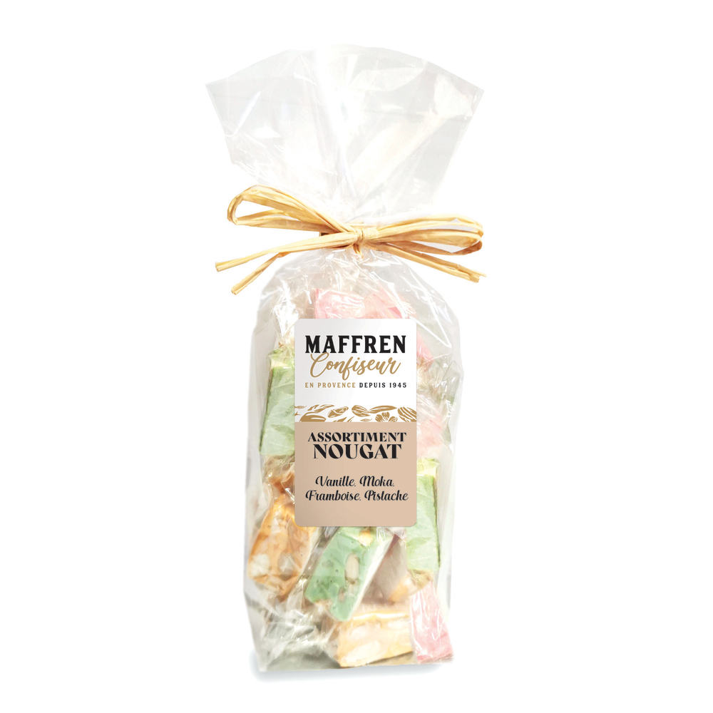 Assortiment nougat, vanille, moka, framboise et pistache : sachet 100g