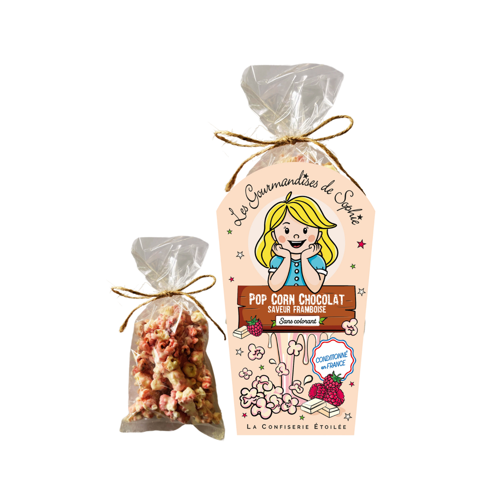 Sachet de popcorn au chocolat blanc, saveur framboise - 75g