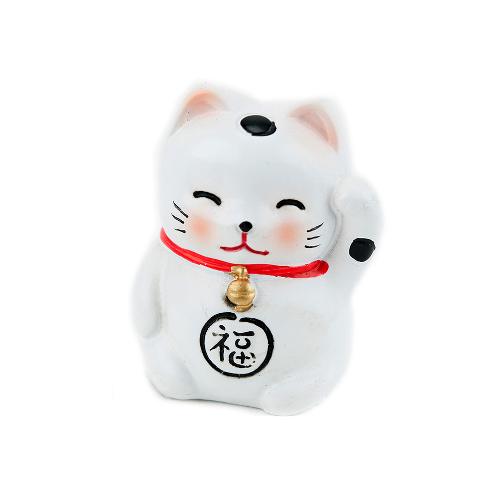 Maneki-Neko, chat de la chance en résine blanche - L.4,5xl.3,8xH.5,2cm