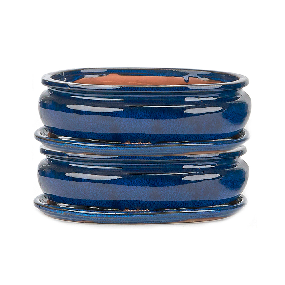Pot ovale pour bonsaï avec plateau en céramique, coloris bleu - 15cm