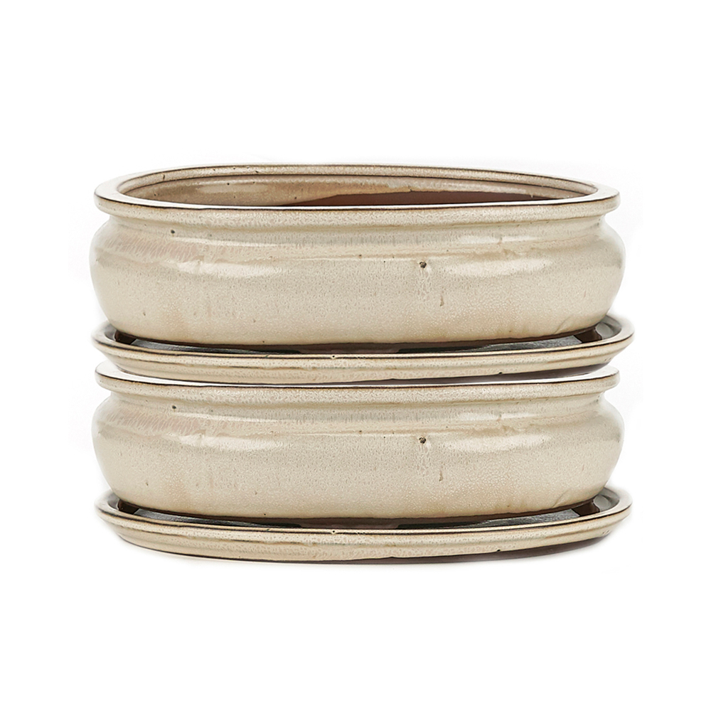 Pot ovale pour bonsaï avec plateau en céramique, coloris crème - 15cm