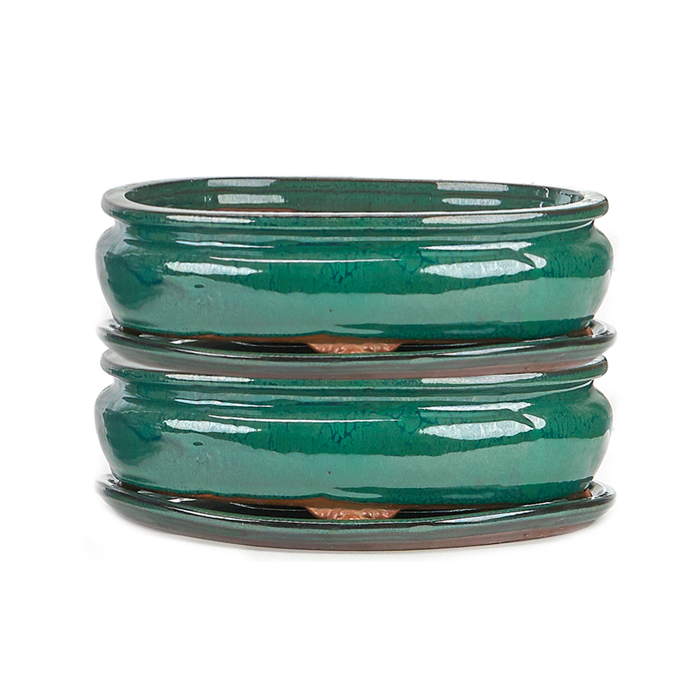Pot ovale pour bonsaï avec plateau en céramique, coloris vert - 20cm