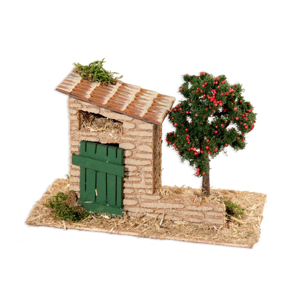 Maison de campagne pour crèche, avec muret et arbre fruitier - L.18cm