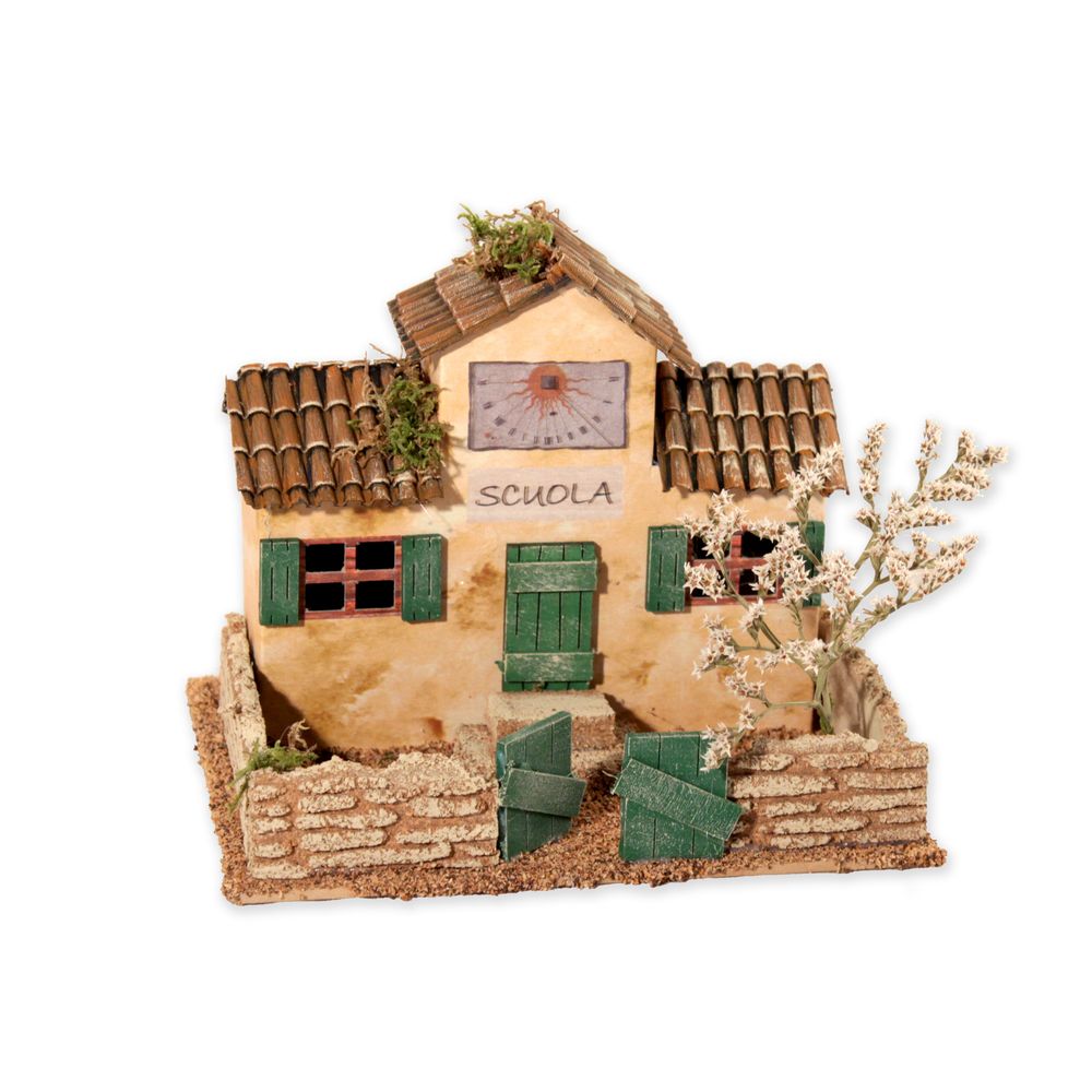 École pour crèche, avec muret en liège et arbre en fleurs - H.15cm