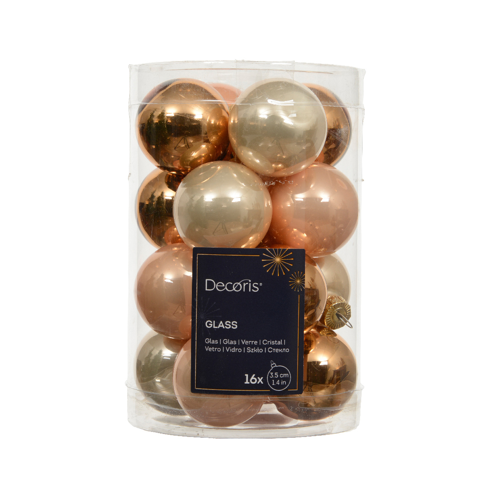 Assortiment 16 boules de Noël en verre, coloris pêche - D.3,5cm