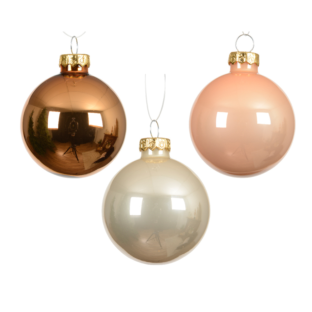 20 boules de Noël en verre, coloris pêche/brandy/ivoire - D.6cm