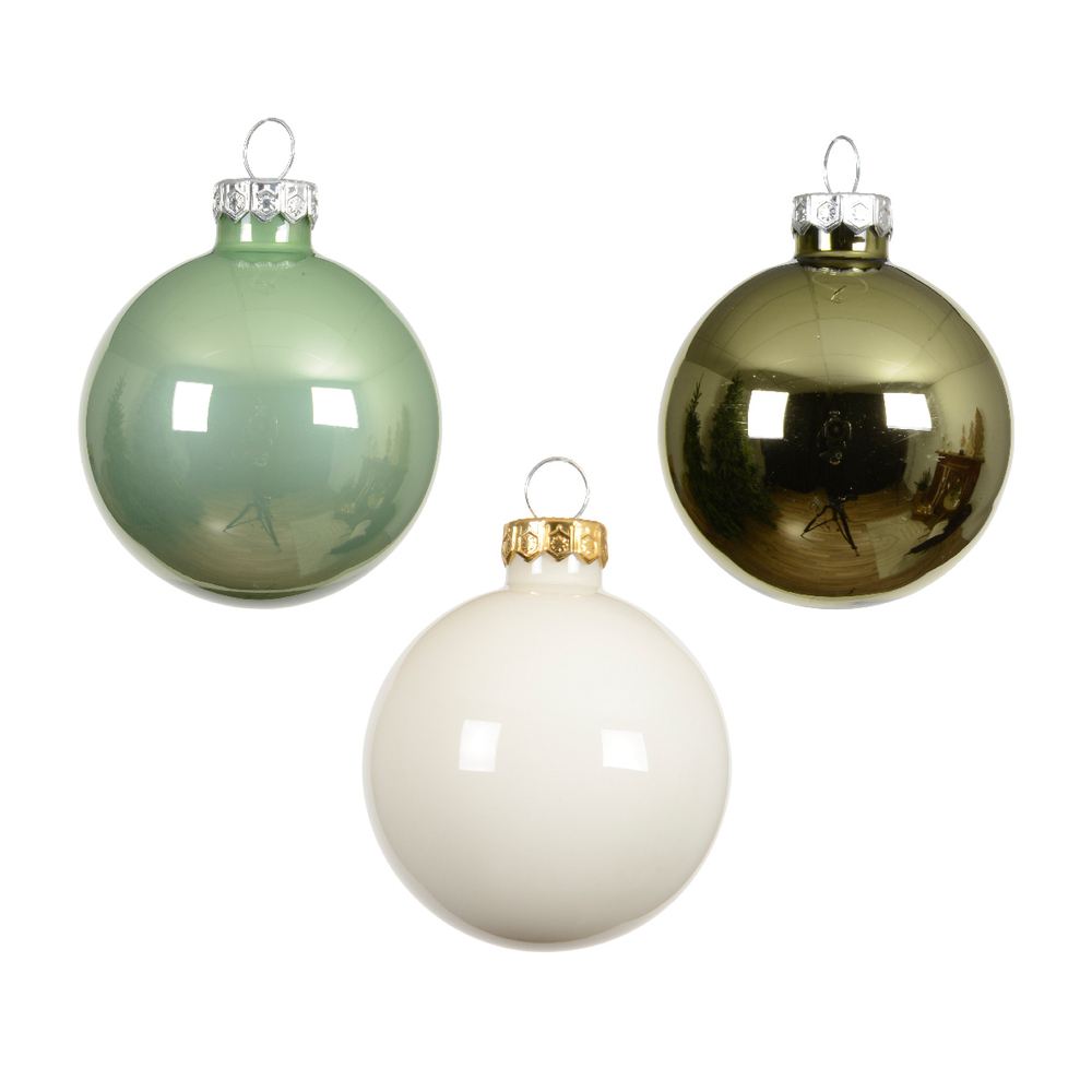 Assortiment 16 boules de Noël en verre, coloris vert/blanc - D.8cm
