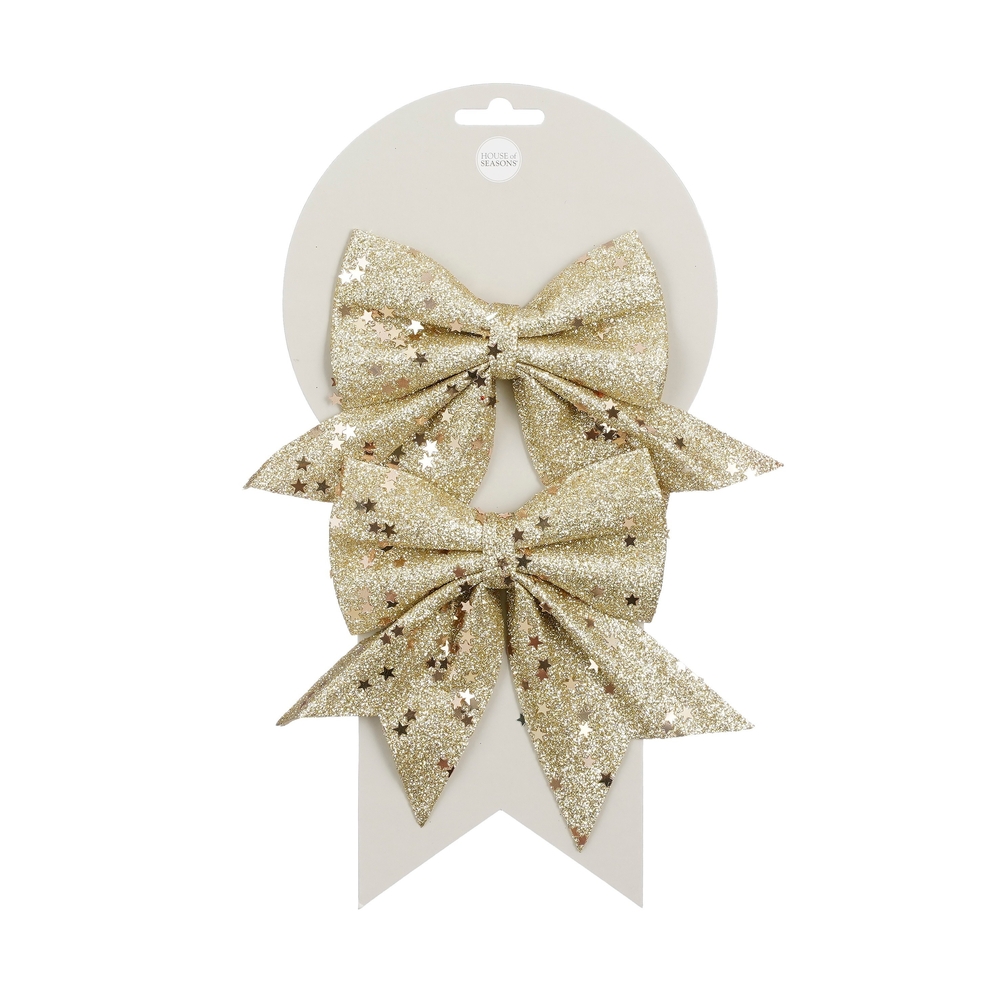 Nœuds de Noël, coloris champagne pailleté, L.13xl.12cm - 2 pièces