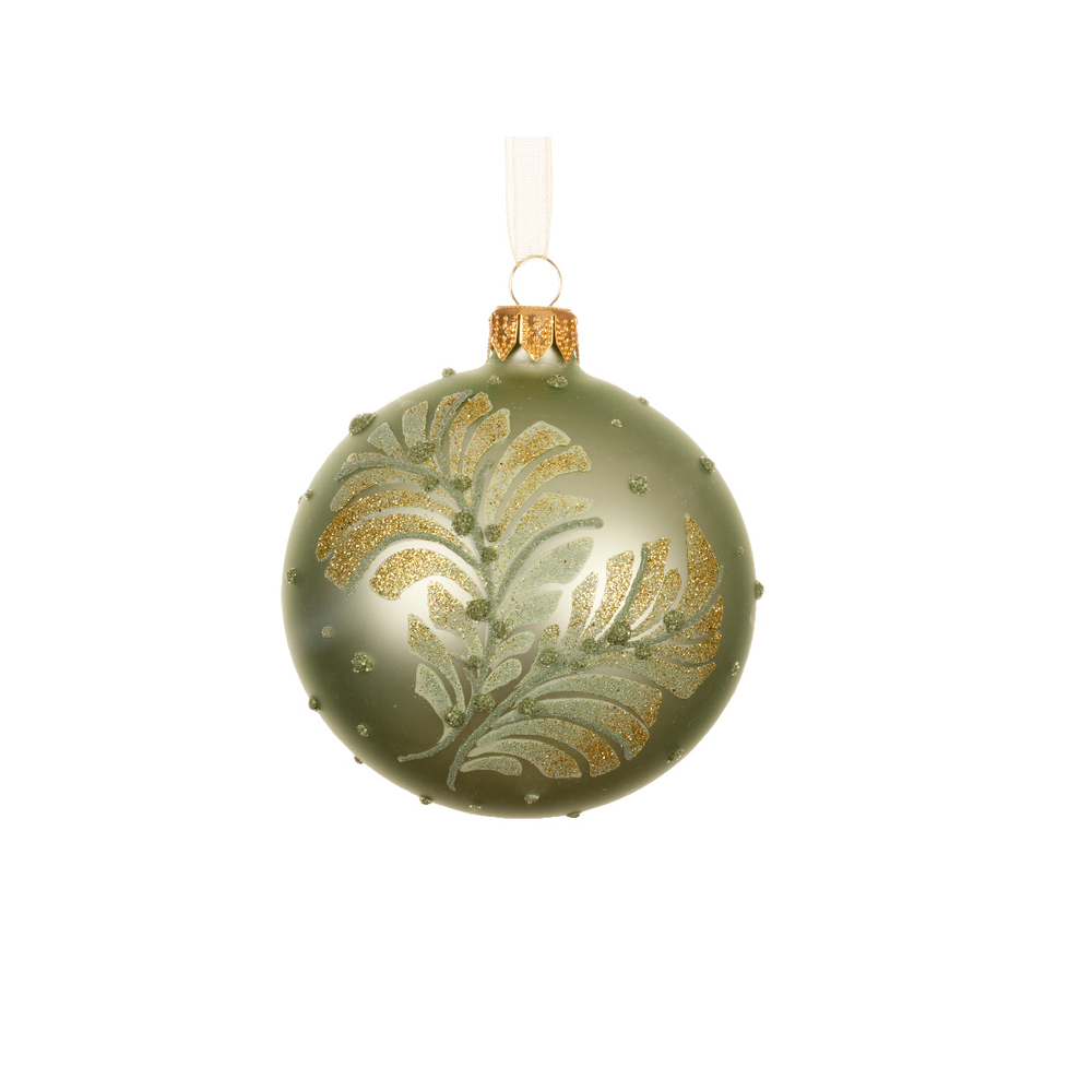 Boule de Noël en verre : motif feuille, coloris vert matcha - D.8cm
