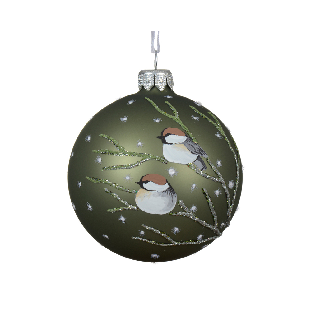 Boule de Noël en verre : motif oiseau, coloris vert romarin - D.8cm