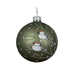 Boule de Noël en verre : motif oiseau, coloris vert romarin - D.8cm