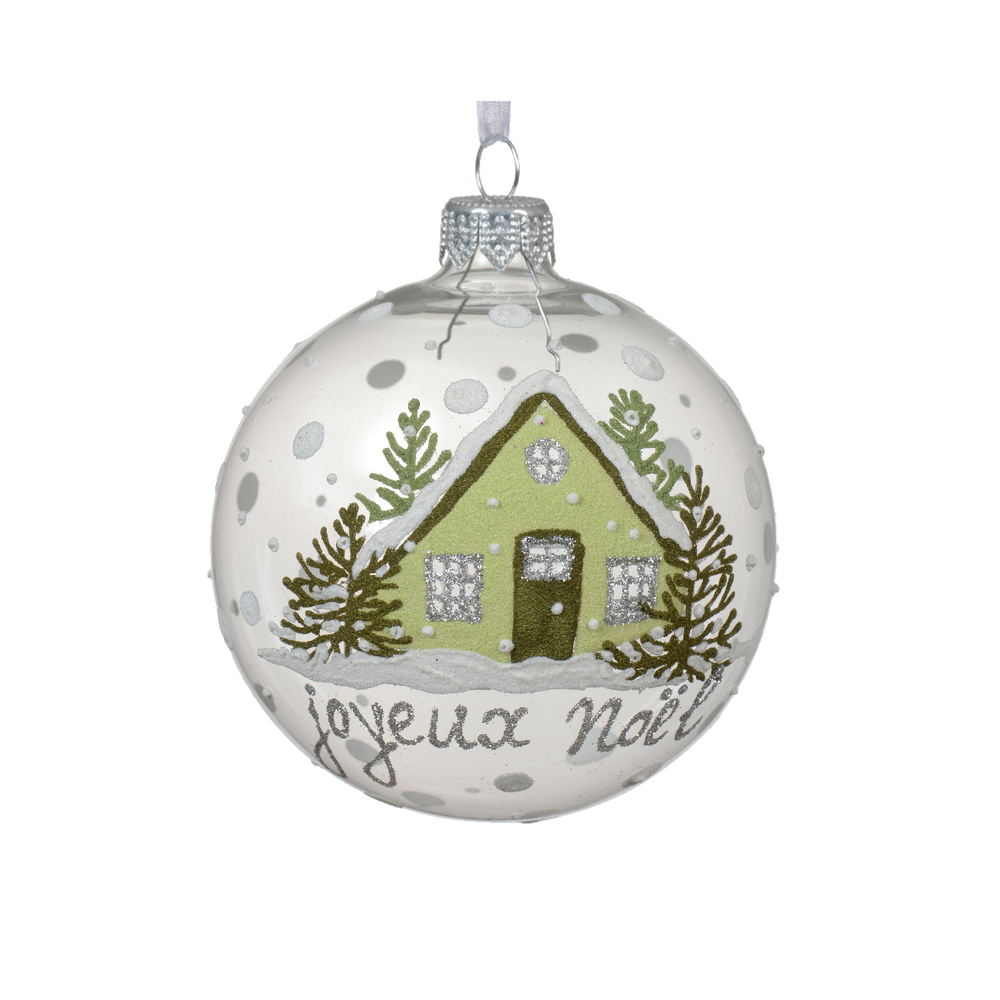 Boule de Noël en verre : motif 'Joyeux Noël', coloris blanc - D.8cm