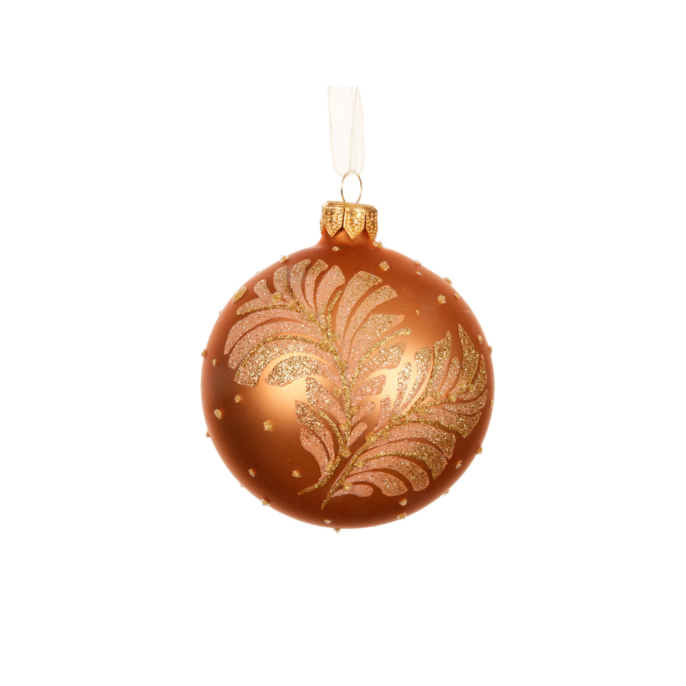 Boule de Noël en verre : motif feuillage, coloris cuivré - D.8cm