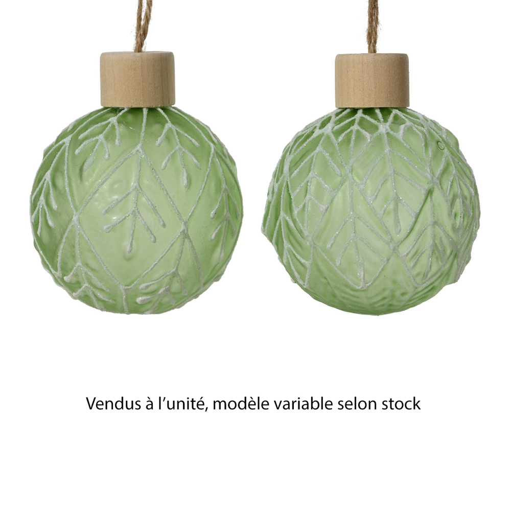 Boule de Noël en verre : motif feuillage, coloris vert - D.8cm