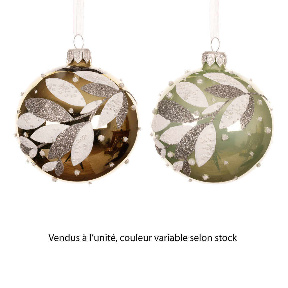Boule de Noël en verre : motif feuilles, coloris variables - D.8cm