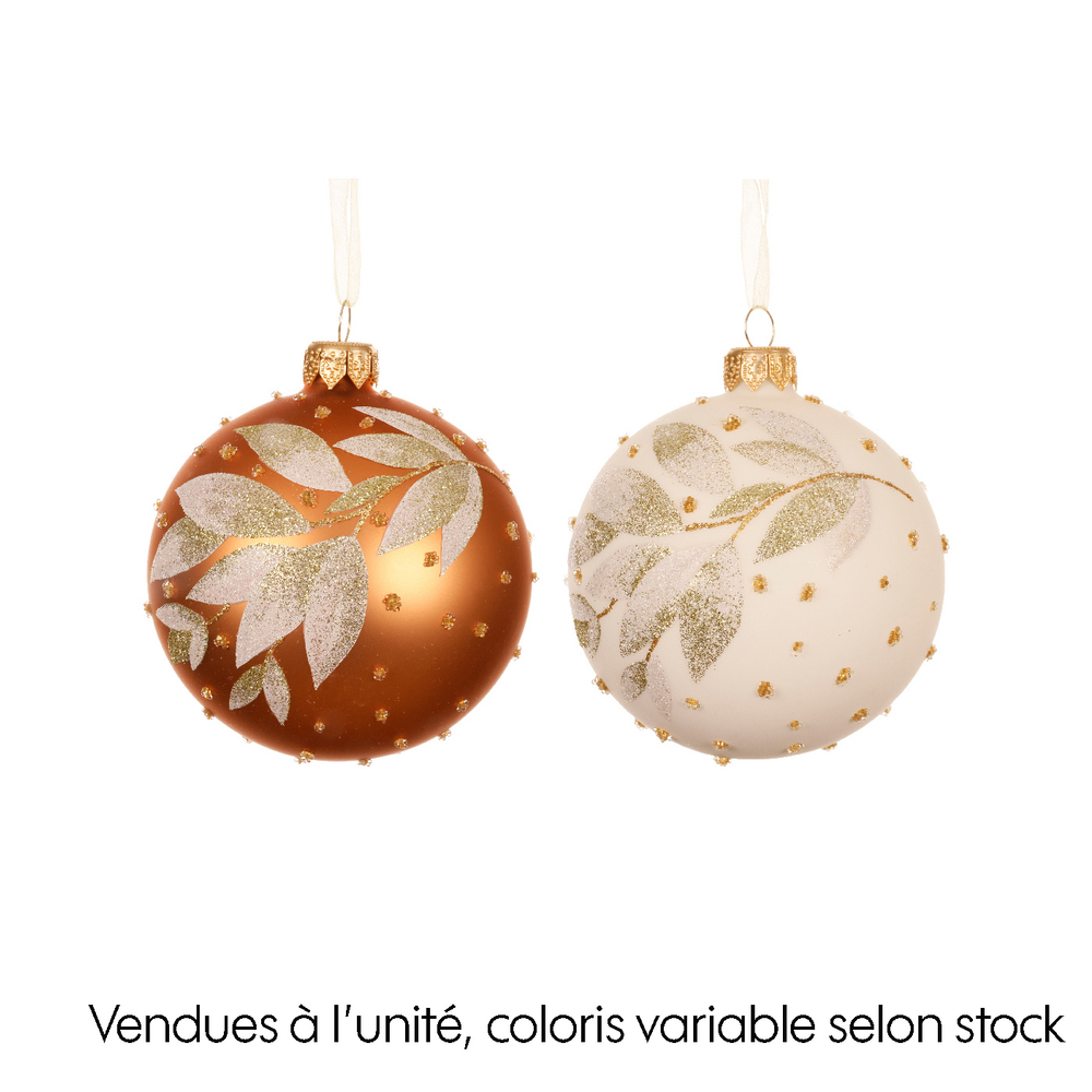 Boule de Noël en verre : feuillage brillant, coloris variables - D.8cm