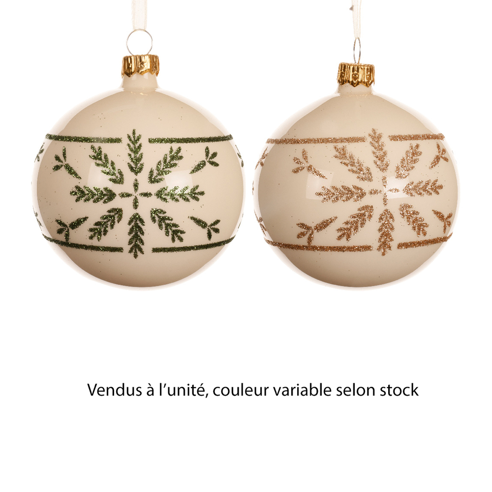 Boule de Noël en verre : pourtour flocon, coloris blanc laine - D.8cm