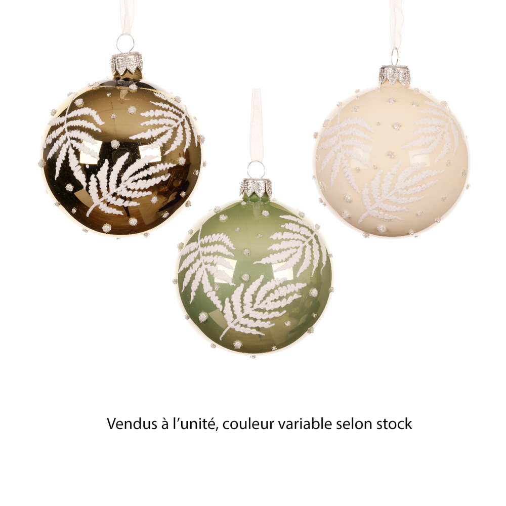 Boule de Noël en verre : motif feuilles, coloris variables - D.8cm