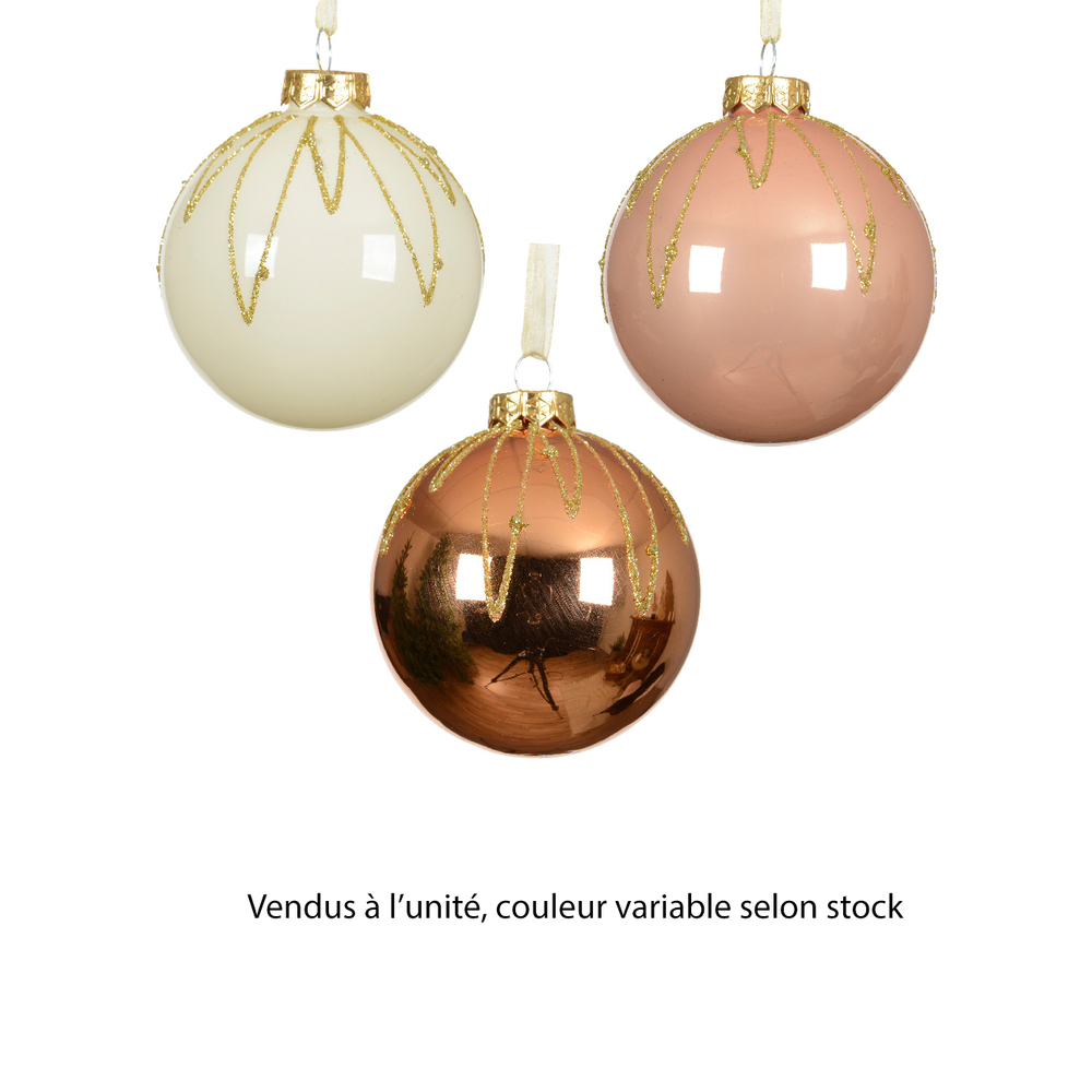 Boule de Noël en verre : lignes pailletées, coloris variables - D.8cm