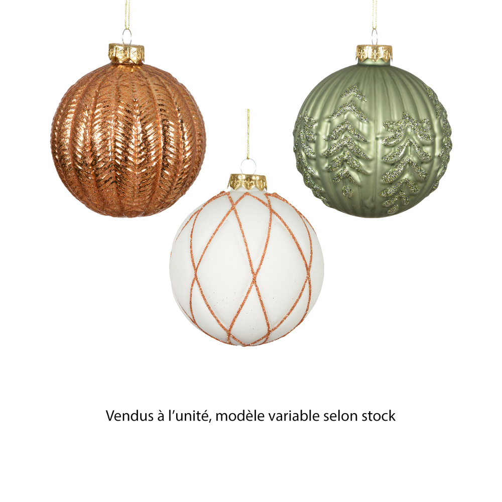 Boule de Noël en verre : motif pailletée, modèles variables - D.10cm