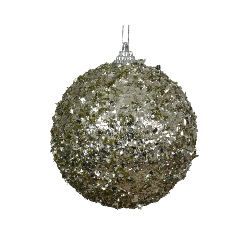 Boule de Noël : rocaille et sequins, coloris vert romarin - D.10cm