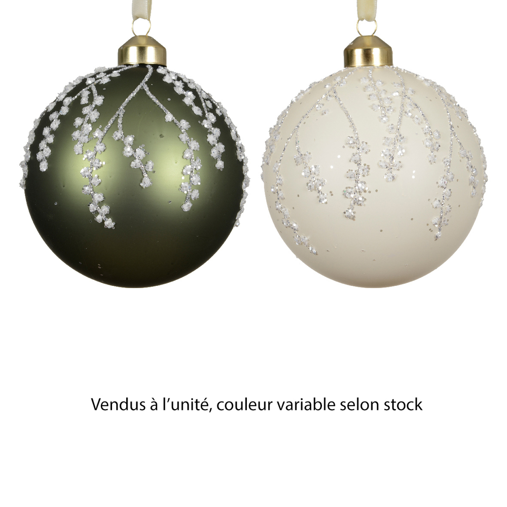 Boule de Noël en verre : motif branches, coloris blanc/vert - D.10cm