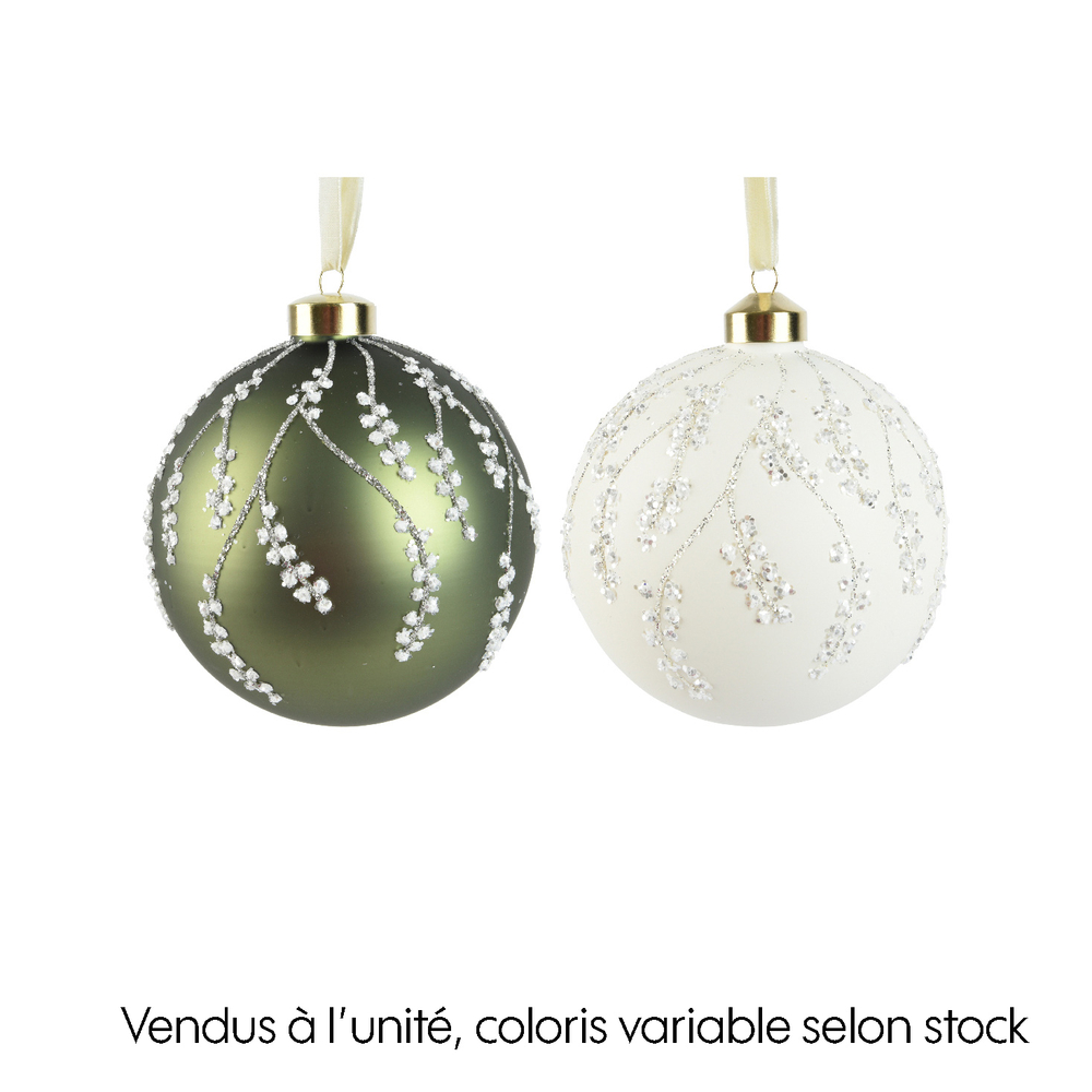 Boule de Noël en verre : motif branches, coloris blanc/vert - D.12cm