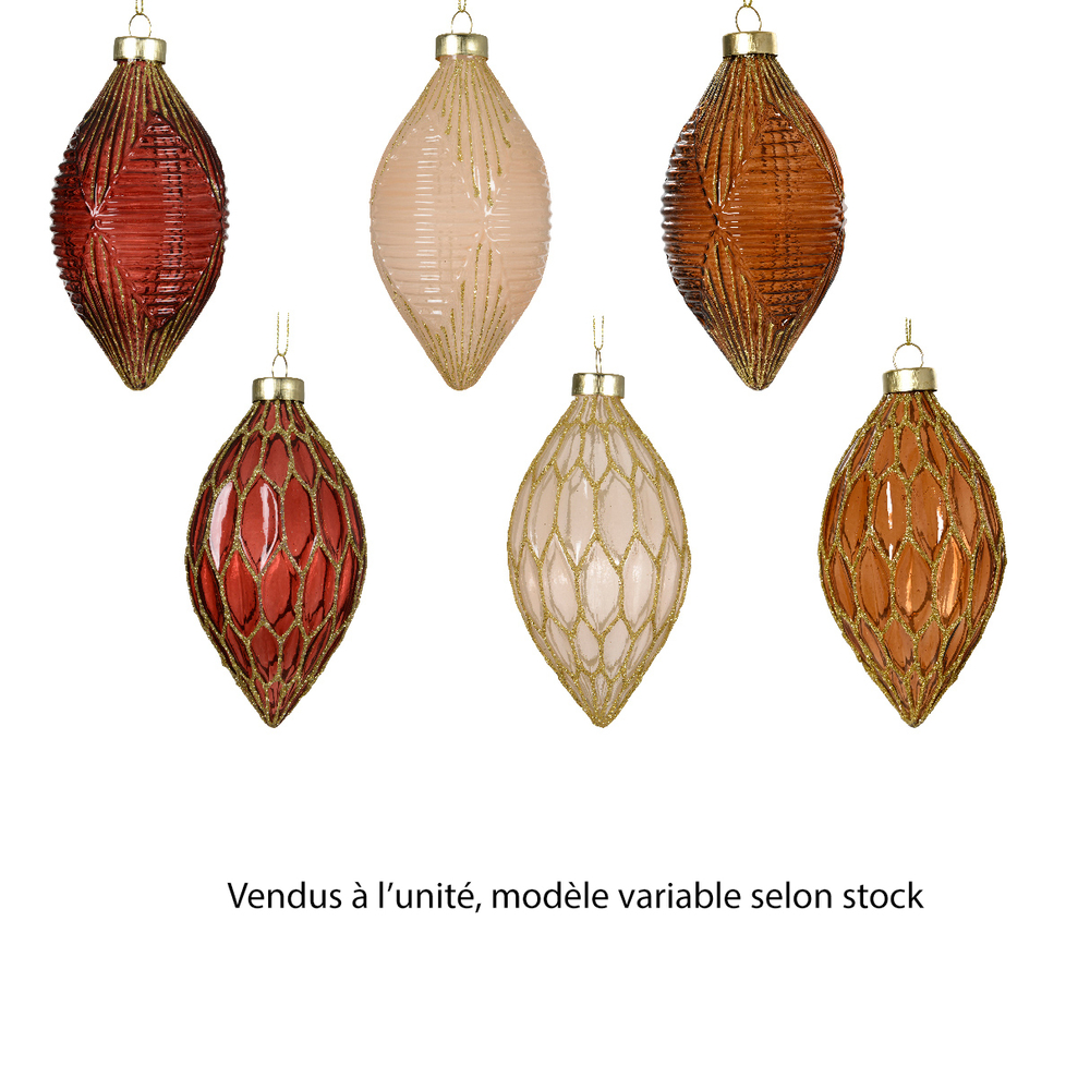 Boule forme olive décorée lignes en verre - coloris mixte - D6,5cm