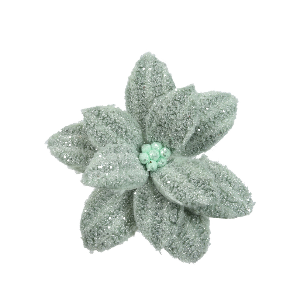 Poinsettia à clipser laine - coloris vert sauge - D28,H10cm