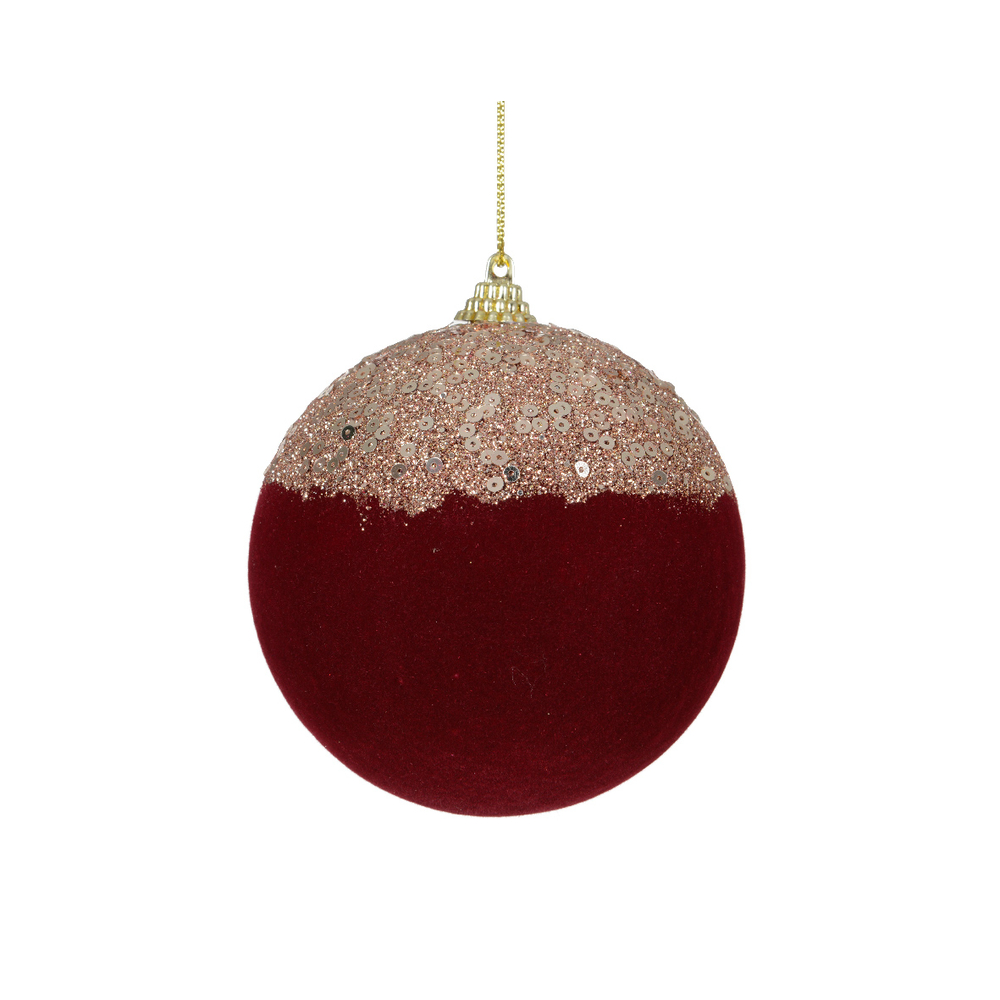 Boule de Noël en velours : avec sequins, coloris bordeaux - D.10cm