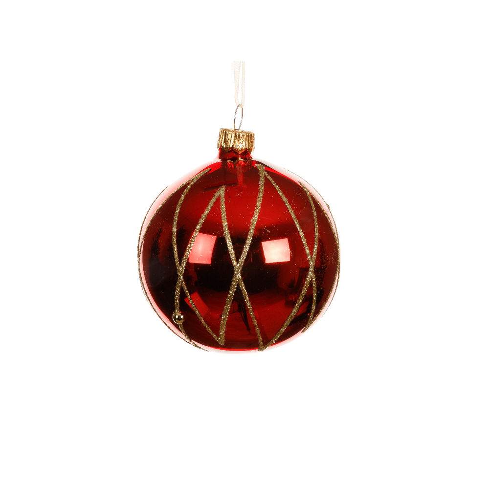 Boule de Noël en verre : croisillons, coloris rouge/or - D.8cm