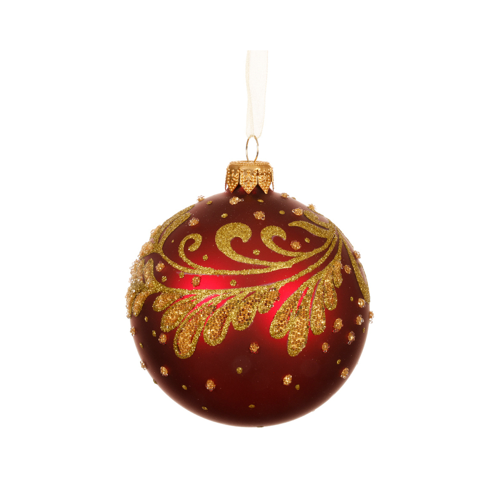 Boule de Noël en verre : pourtour feuille, coloris rouge/or - D.8cm