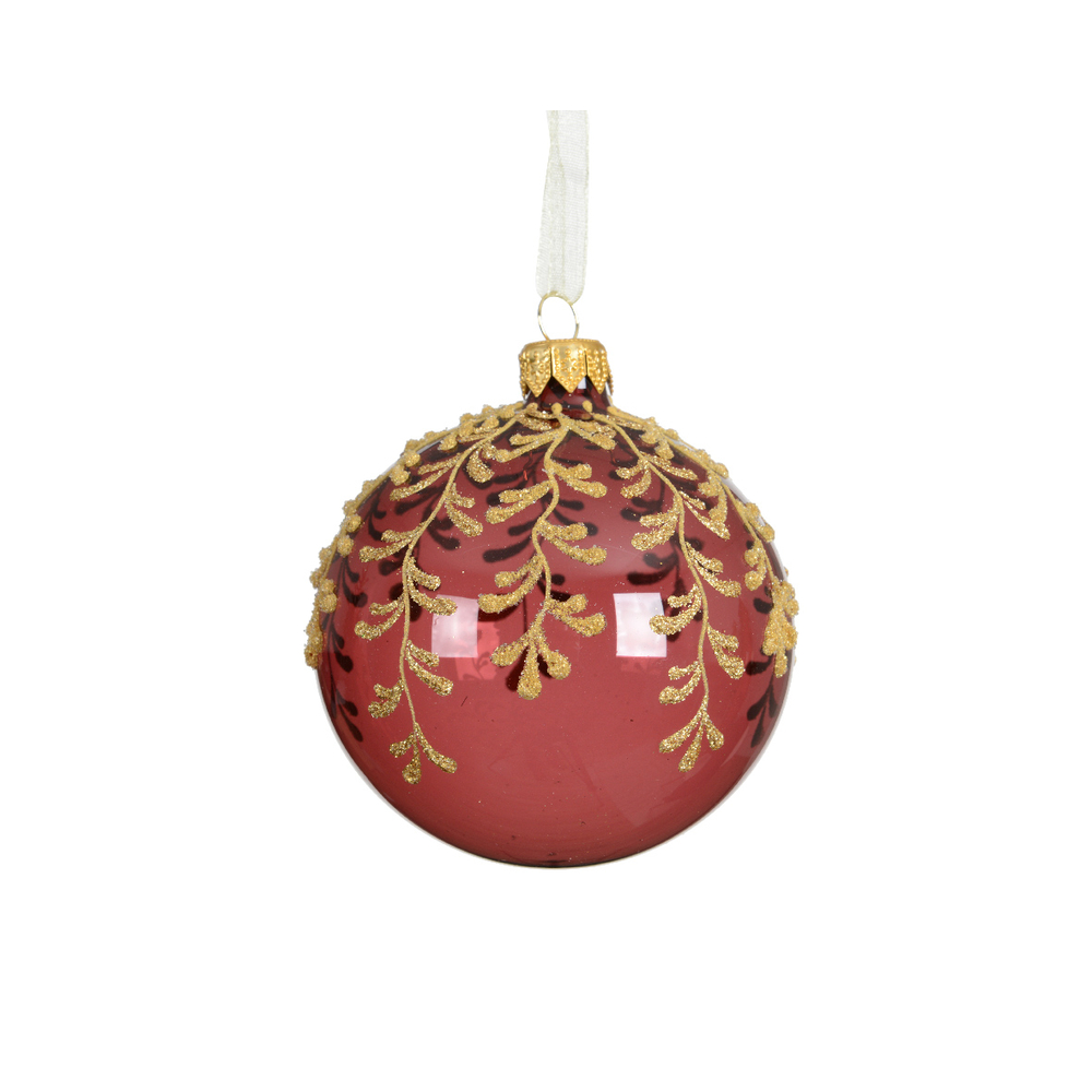 Boule de Noël en verre : branches verticales, coloris rose/or - D.8cm
