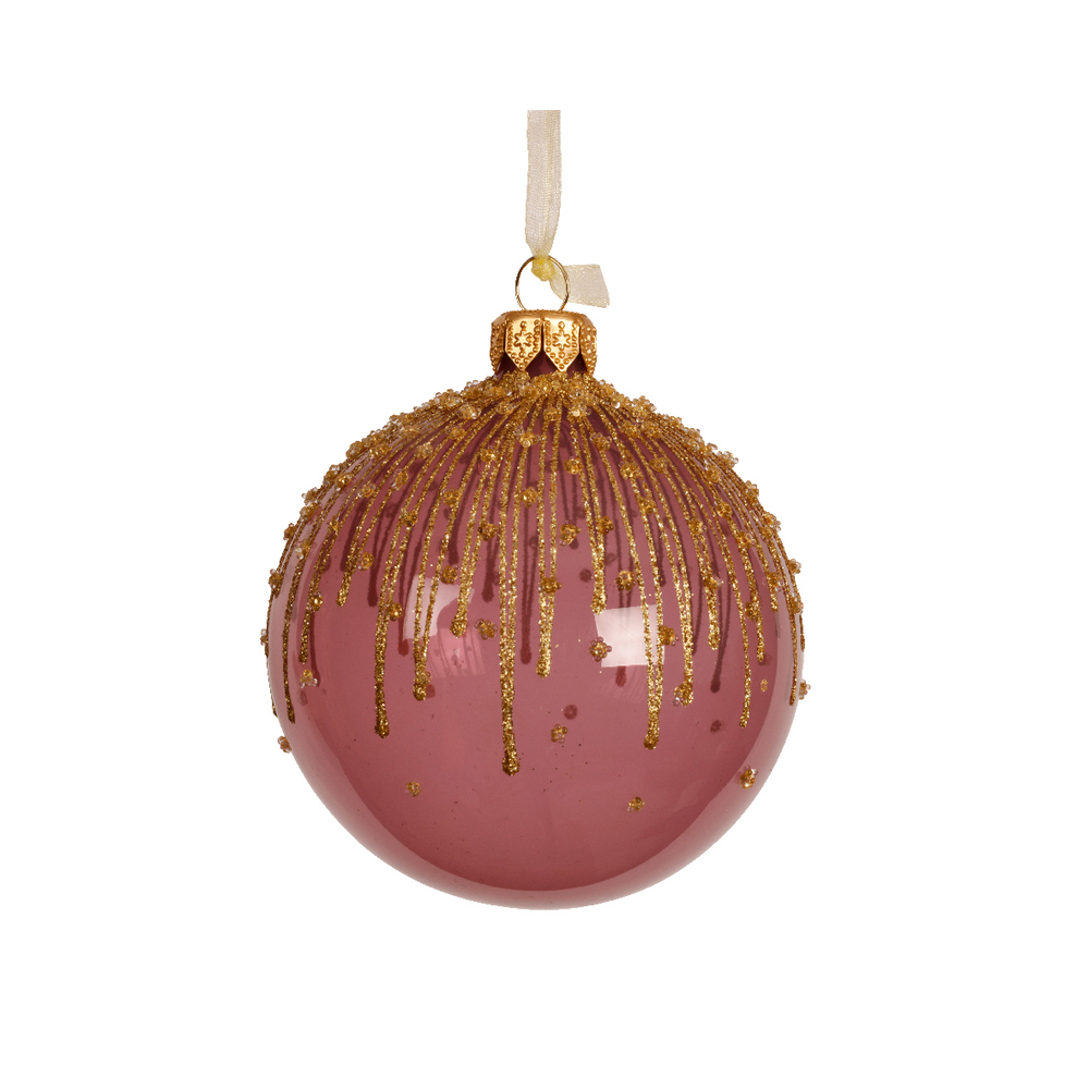 Boule de Noël en verre : lignes pailletées, coloris rose/or - D.8cm