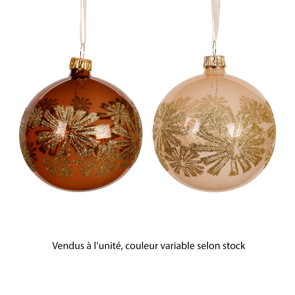 Boule de Noël en verre : pourtour fleurs, coloris variables - D.8cm