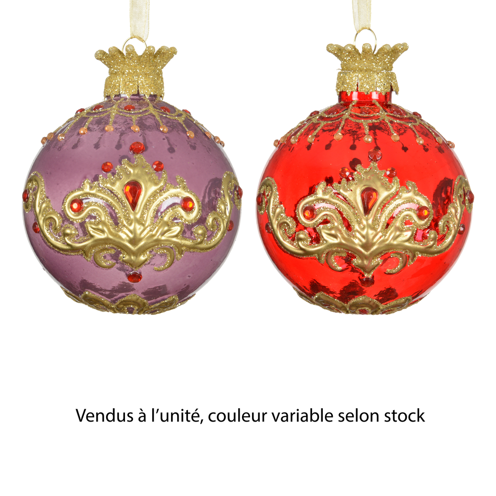 Boule de Noël en verre : avec couronne, coloris variables - D.8cm