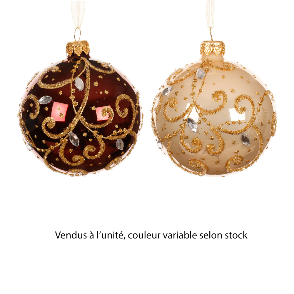 Boule de Noël en verre : volute, coloris ivoire/bordeaux - D.8cm