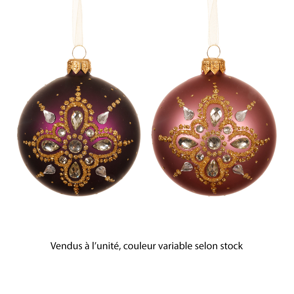 Boule de Noël en verre : décor diamant, coloris bordeaux/rose - D.8cm