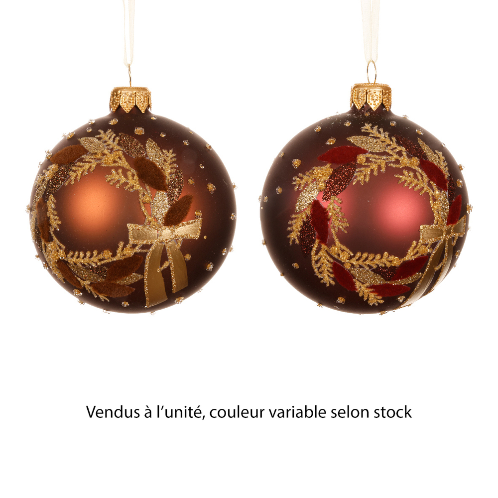 Boule de Noël en verre : couronne, coloris cuivré/bordeaux - D.8cm