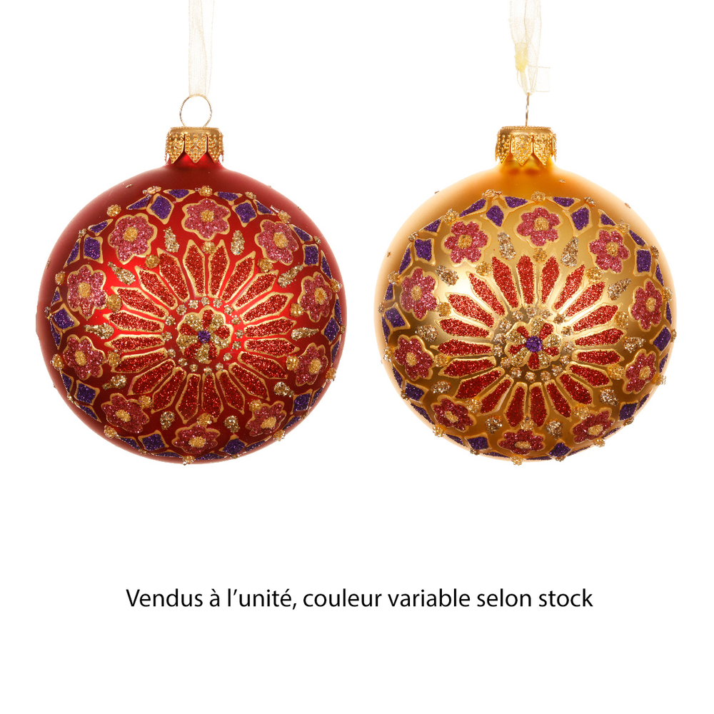 Boule de Noël en verre : médaillon fleurs, coloris variables - D.8cm