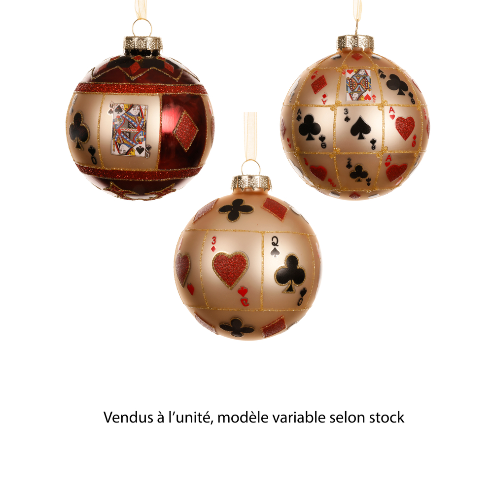 Boule de Noël en verre : motifs cartes, coloris or/rouge - D.8cm