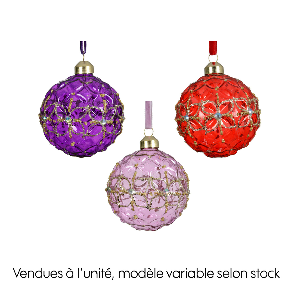Boule de Noël en verre : fleurs pailletées, modèles variables - D.8cm