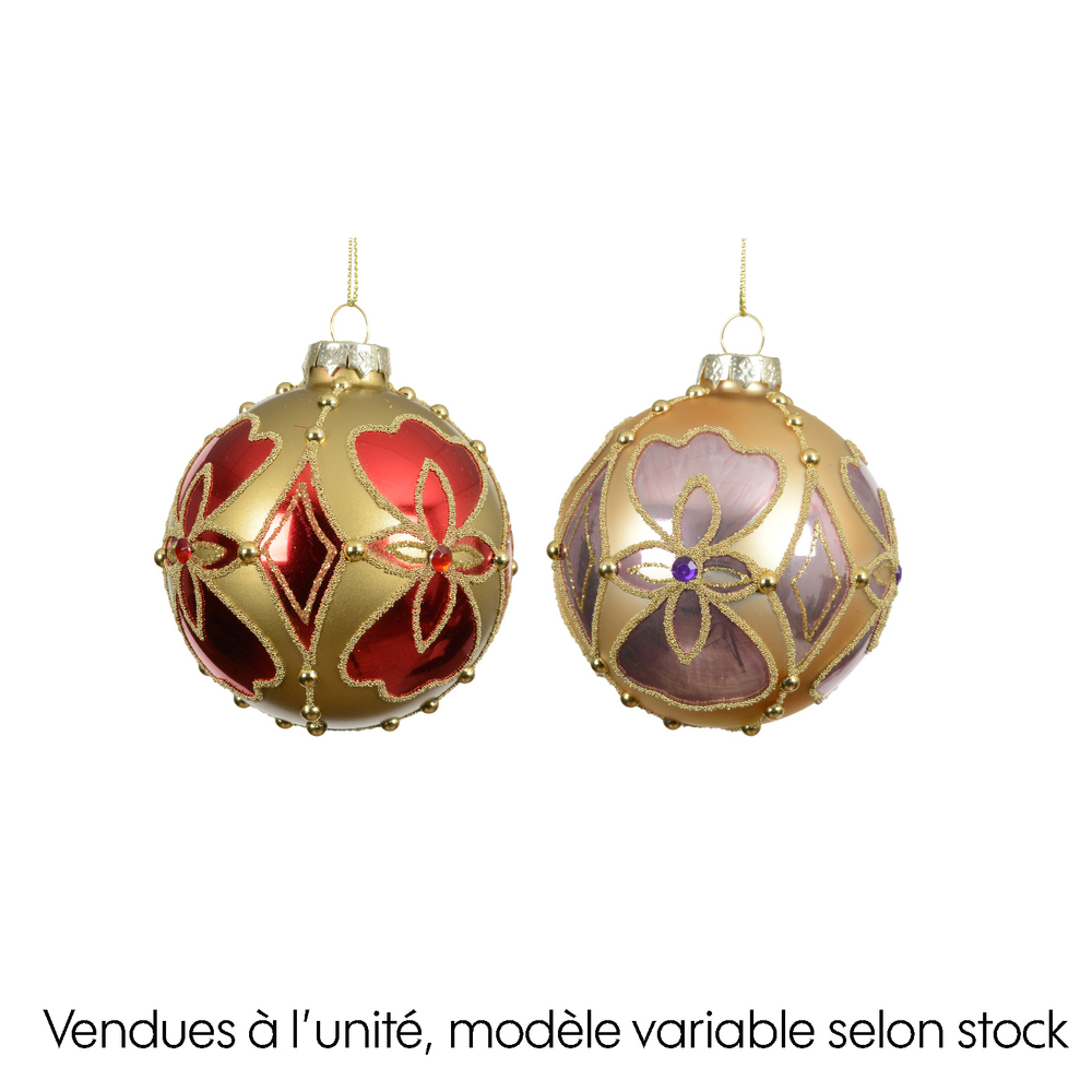 Boule de Noël en verre : perles et diamant, coloris rose/rouge - D.8cm