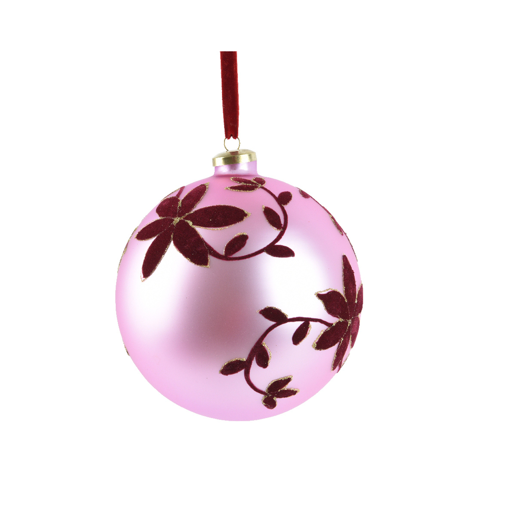 Boule de Noël en verre : feuilles, coloris rose/bordeaux - D.10cm