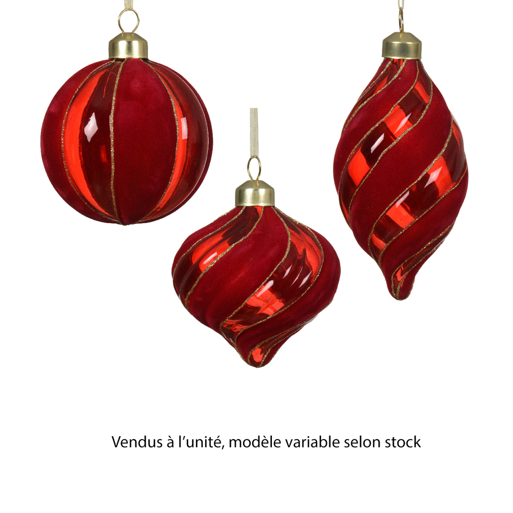 Suspension velours avec rayures en verre - coloris rouge - D8cm