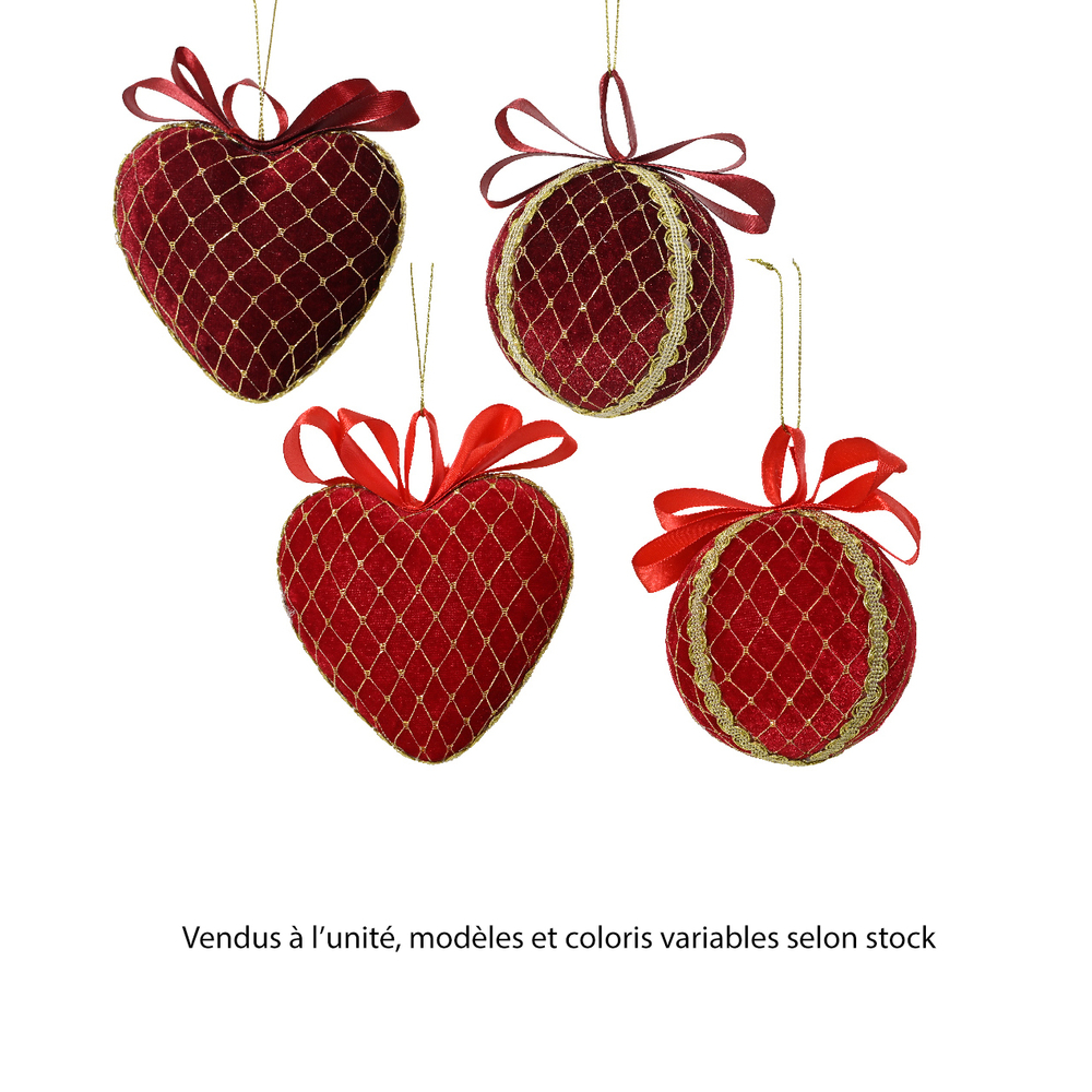 Suspension de Noël, coloris rouge et doré, cœur ou boule - D.8cm