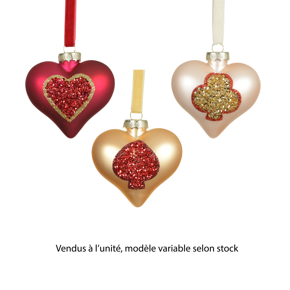 Suspension cœur avec paillettes en verre- coloris variables - H8,7cm