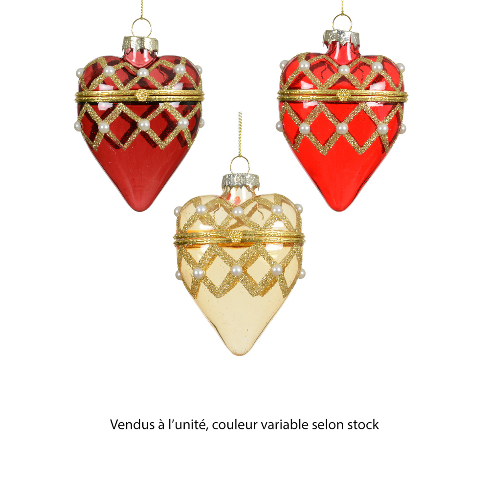 Suspension cœur décoré en verre - coloris variables - H9cm