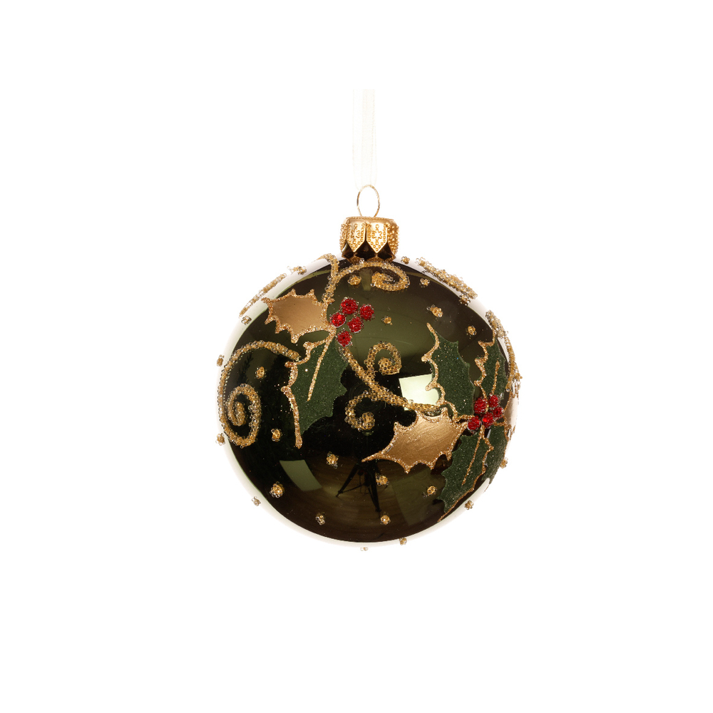 Boule de Noël en verre : motif houx, coloris vert/doré - D.8cm